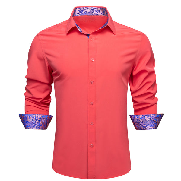 Splicing Style Light Orange with Blue Floral Edge Men's Long Sleeve Shirt