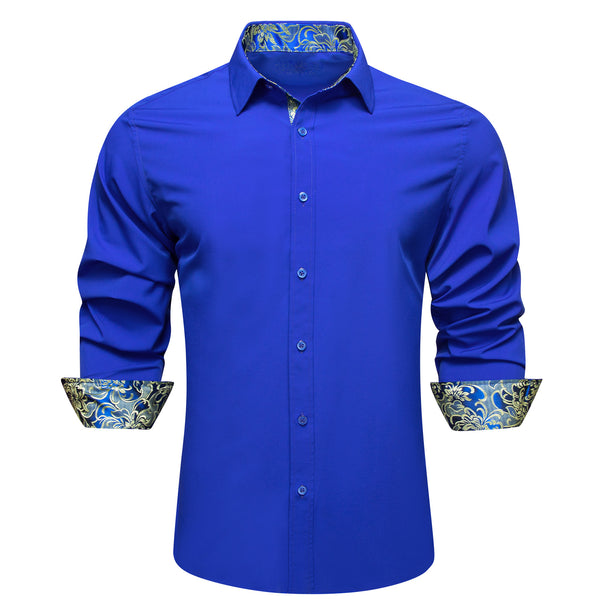 Splicing Style Klein Blue with Yellow Floral Edge Men's Long Sleeve Shirt