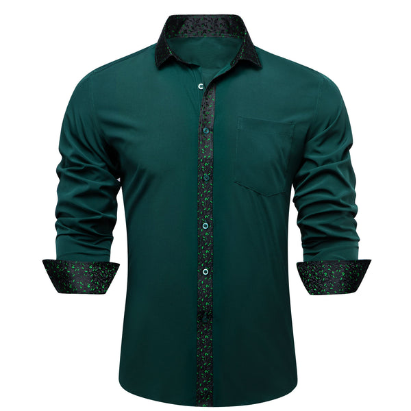 Splicing Style Dark Green with Black Green Floral Leaf Edge Men's Long Sleeve Shirt