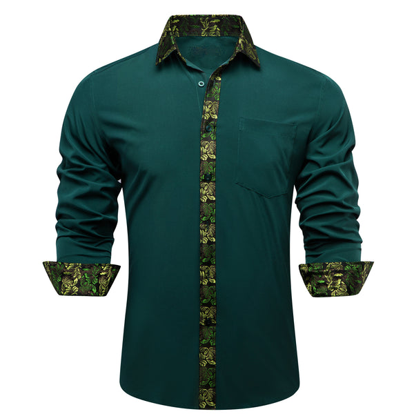 Splicing Style Dark Green with Yellow Green Floral Edge Men's Long Sleeve Shirt