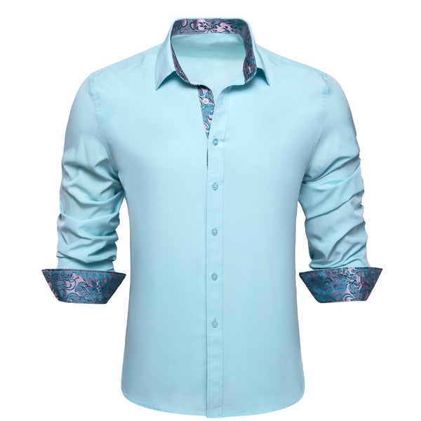 Splicing Style Blue with Silver Blue Floral Edge Men's Long Sleeve Shirt