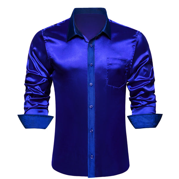 Splicing Style Navy Blue with Geometric Line Edge Men's Long Sleeve Shirt