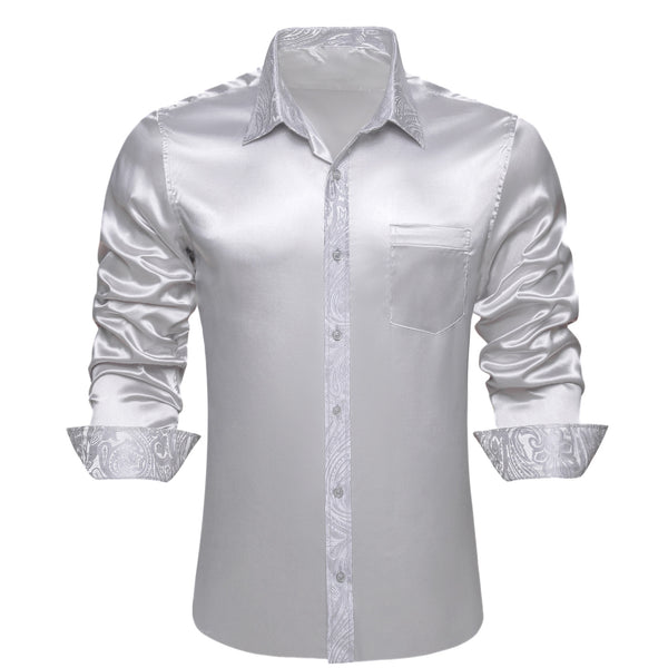 Splicing Style Sliver Grey Solid with White Paisley Edge Men's Long Sleeve Shirt