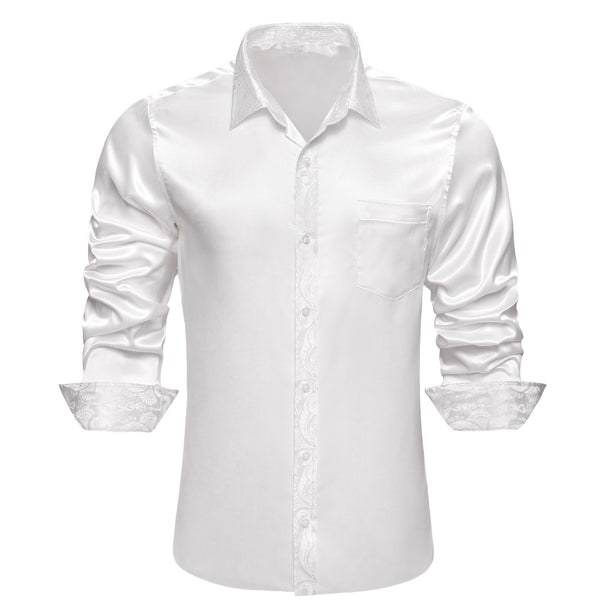 Splicing Style White Solid with White Paisley Edge Men's Long Sleeve Shirt