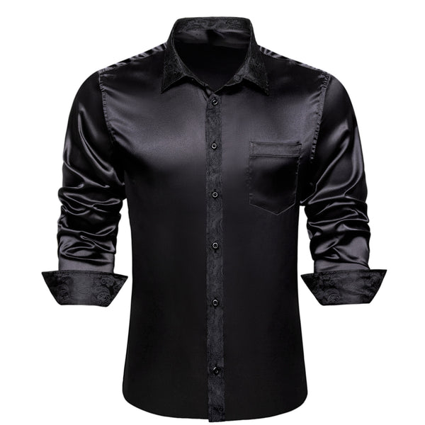 Splicing Style Black Solid with Black Paisley Edge Men's Long Sleeve Shirt