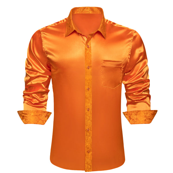 Splicing Style Orange Solid with Orange Paisley Edge Men's Long Sleeve Shirt