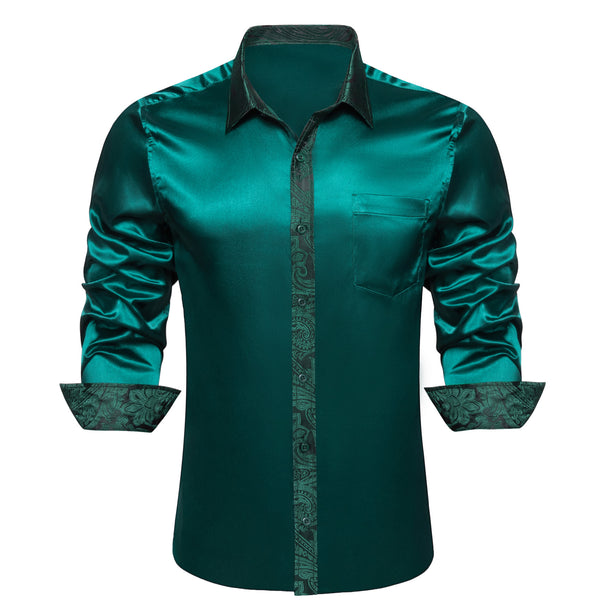 Splicing Style Sapphire Pine Green Solid with Paisley Edge Men's Long Sleeve Shirt