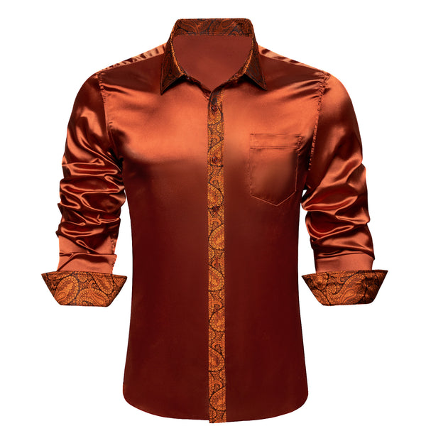 Splicing Style Burnt Orange Solid with Paisley Edge Men's Long Sleeve Shirt