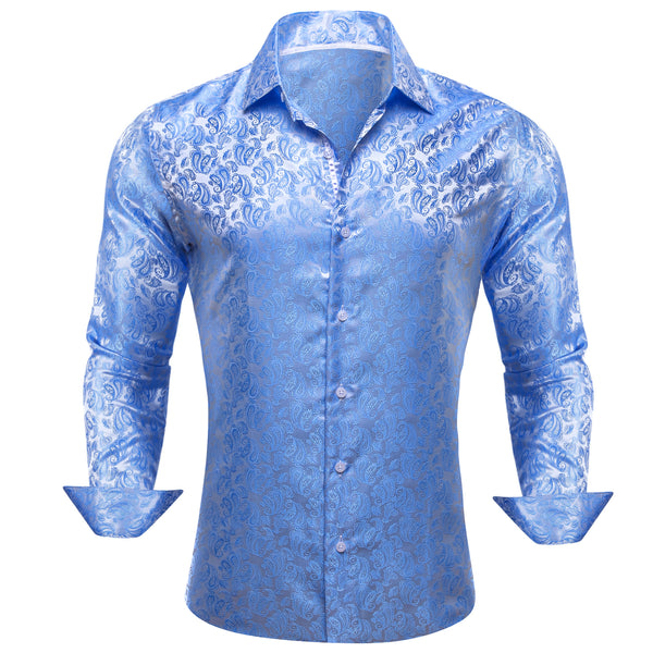 Baby Blue Paisley Style Silk Men's Long Sleeve Shirt