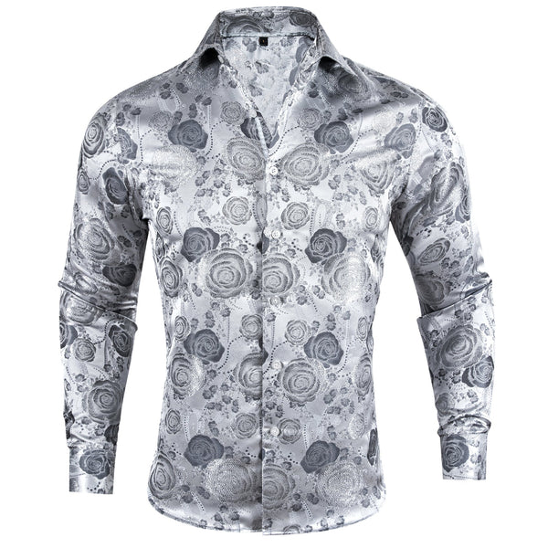 $29.99 Silver Grey Floral Style Silk Men's Long Sleeve Shirt