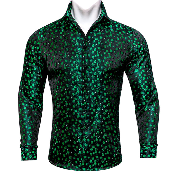 Green Floral Silk Men's Long Sleeve Shirt