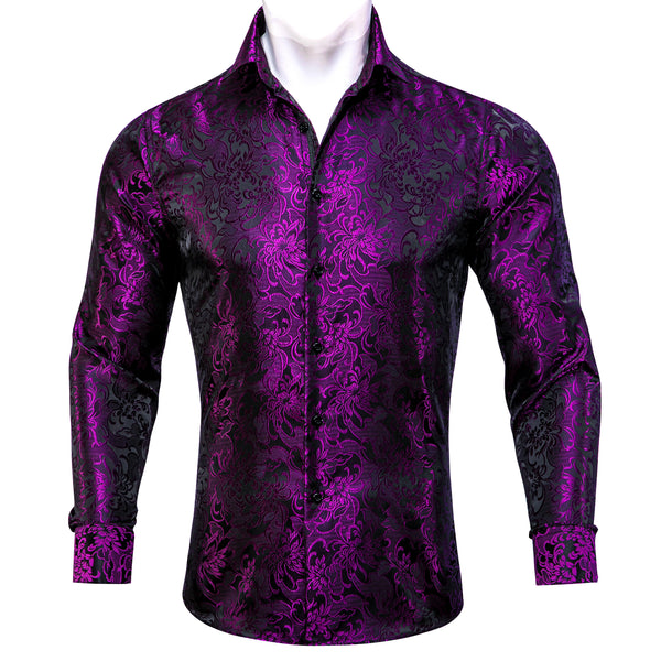 Deep Purple Floral Silk Men's Long Sleeve Shirt