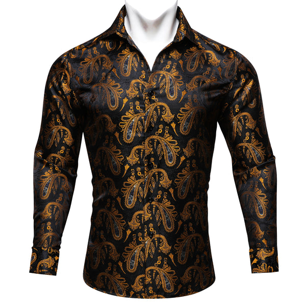 Black Gold Paisley Silk Men's Long Sleeve Shirt