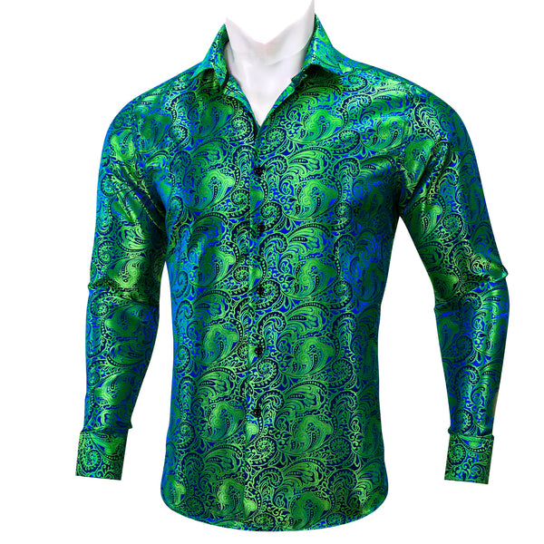 Green Blue Paisley Silk Men's Long Sleeve Shirt