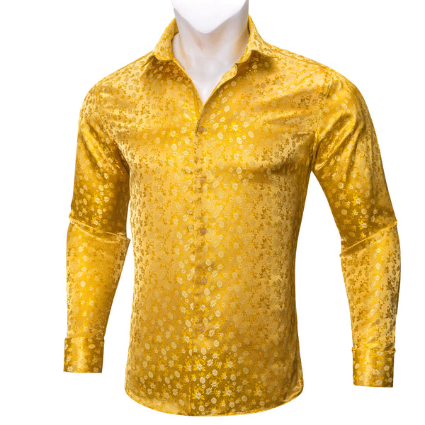 Yellow Floral Silk Men's Long Sleeve Shirt