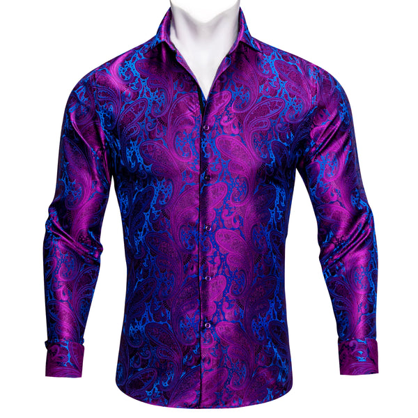 Purple Blue Paisley Silk Men's Long Sleeve Shirt