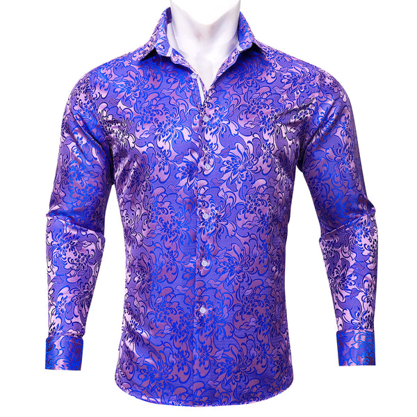 Purple Blue Floral Silk Men's Long Sleeve Shirt