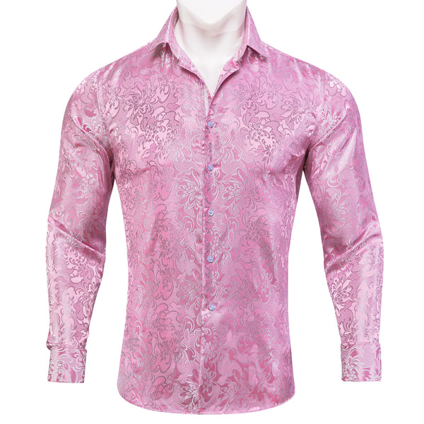 Spring Pink Floral Silk Men's Long Sleeve Shirt