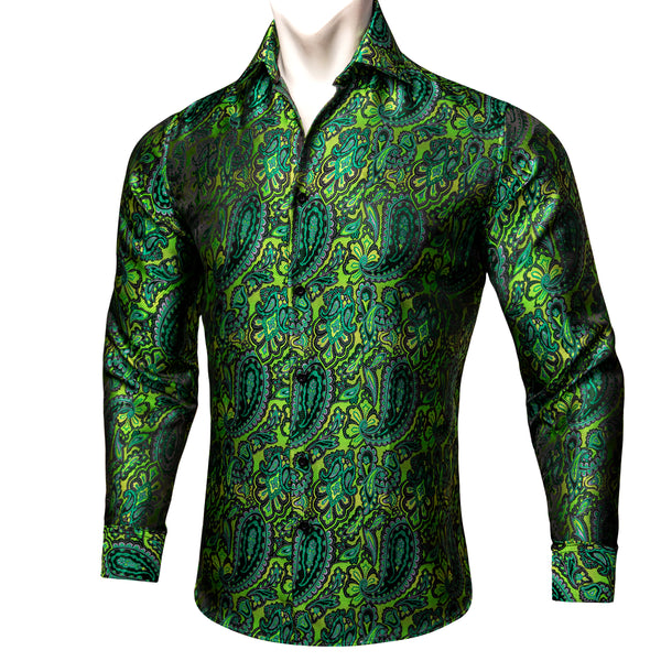 Green Paisley Floral Silk Men's Long Sleeve Shirt