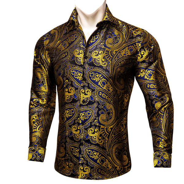 Gold Blue Paisley Floral Silk Men's Long Sleeve Shirt