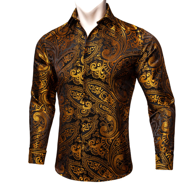 Golden Black Paisley Floral Silk Men's Long Sleeve Shirt