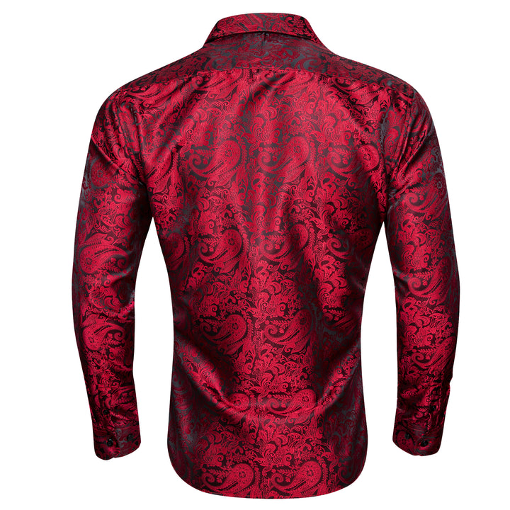 Red Black Paisley Silk Men Long Sleeve Shirt