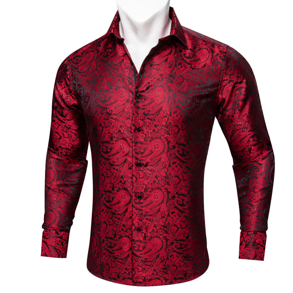 Red Black Paisley Silk Men Long Sleeve Shirt