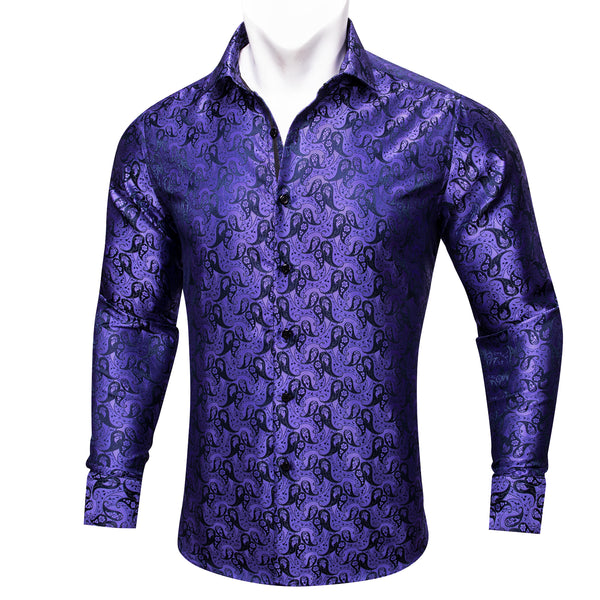 Purple Black Paisley Silk Men's Long Sleeve Shirt