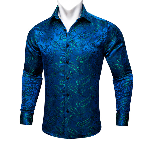 Navy Blue Green Paisley Silk Men's Long Sleeve Shirt