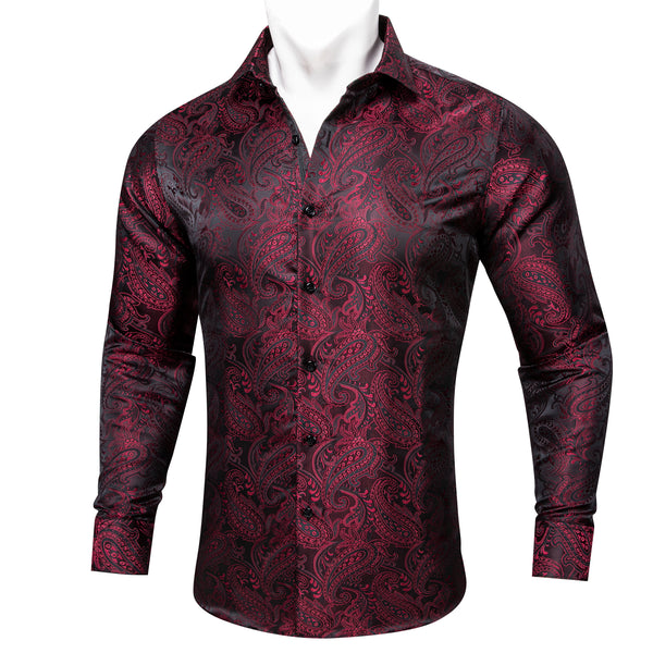 Dark Red Black Paisley Silk Men's Long Sleeve Shirt