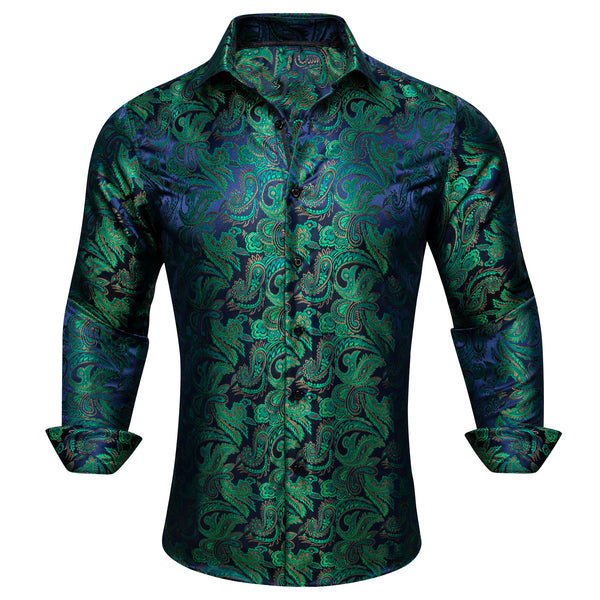 Green Blue Brown Paisley Silk Men's Long Sleeve Shirt