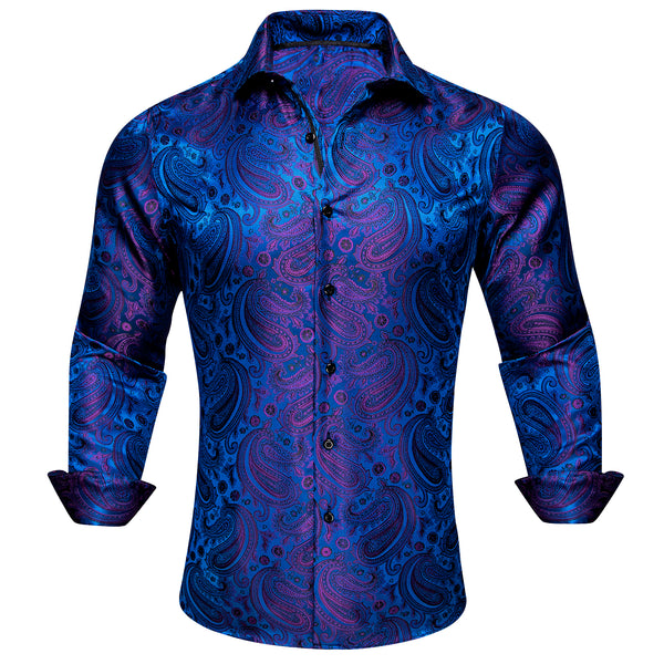 Blue Purple Paisley Silk Men's Long Sleeve Shirt