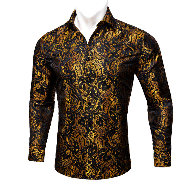 Gold Black Paisley Silk Men's Long Sleeve Shirt