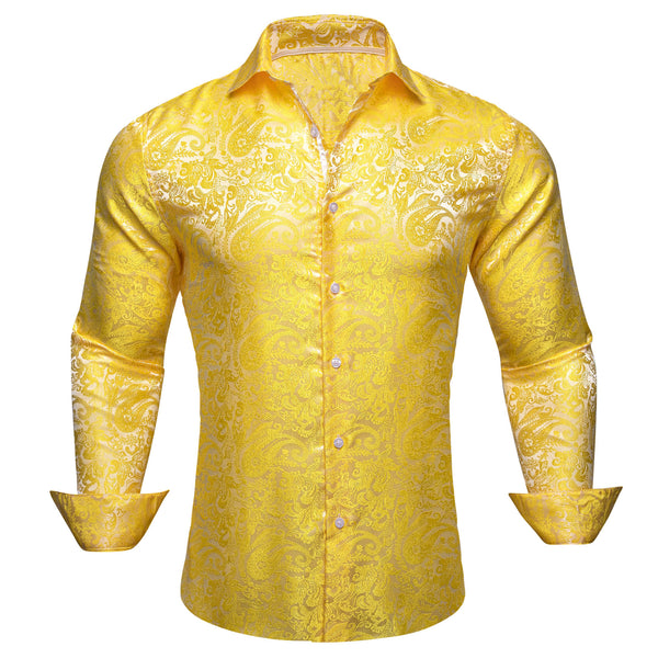 Baby Yellow Paisley Pattern Silk Men's Long Sleeve Shirt