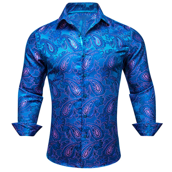 Blue Pink Paisley Flower Pattern Silk Men's Long Sleeve Shirt
