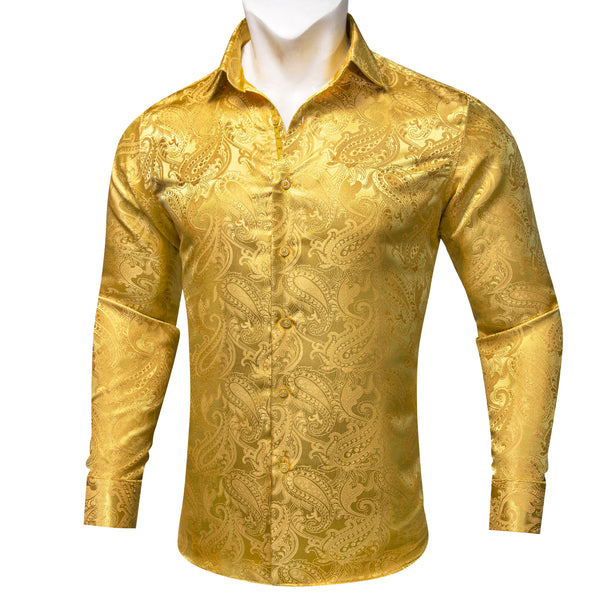 Yellow Gold Paisley Flower Pattern Silk Men's Long Sleeve Shirt