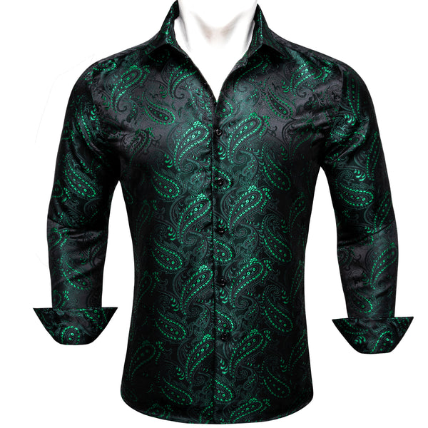 DarkGreen Paisley Flower Pattern Silk Men's Long Sleeve Shirt