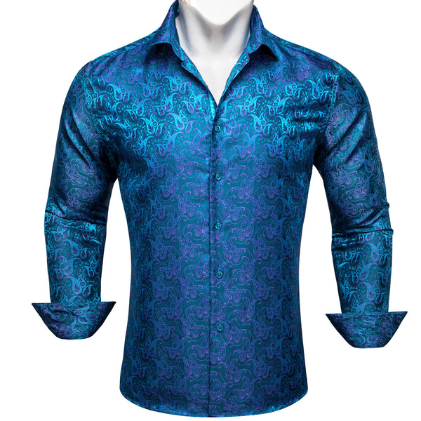 RoyalBlue Purple Paisley Flower Pattern Silk Men's Long Sleeve Shirt