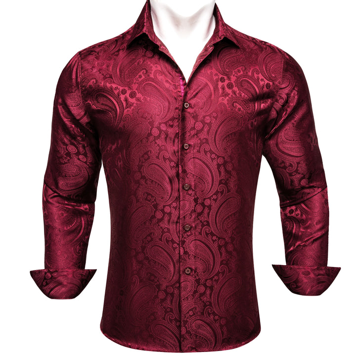 Darkred Paisley Flower Pattern Silk Men's Long Sleeve Shirt
