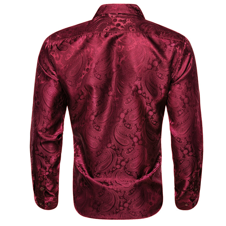 Darkred Paisley Flower Pattern Silk Men's Long Sleeve Shirt