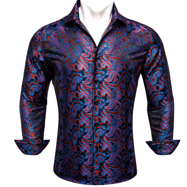 Blue Red Paisley Flower Pattern Silk Men's Long Sleeve Shirt