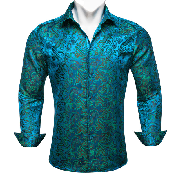 Blue Teal Paisley Flower Pattern Silk Men's Long Sleeve Shirt