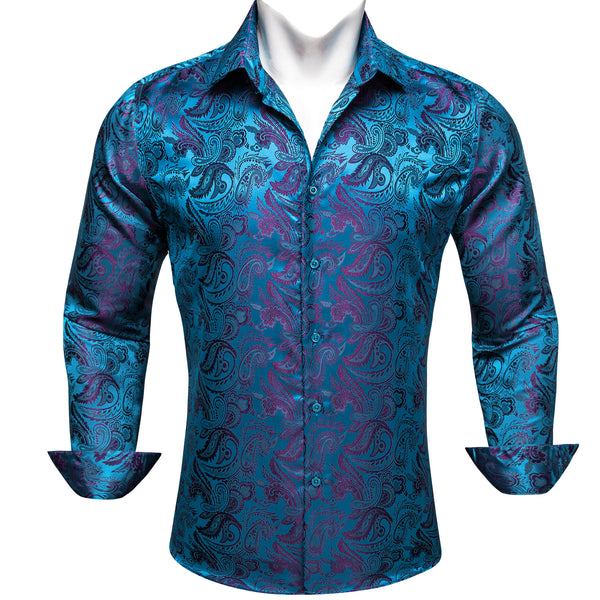 Blue Purple Paisley Flower Pattern Silk Men's Long Sleeve Shirt