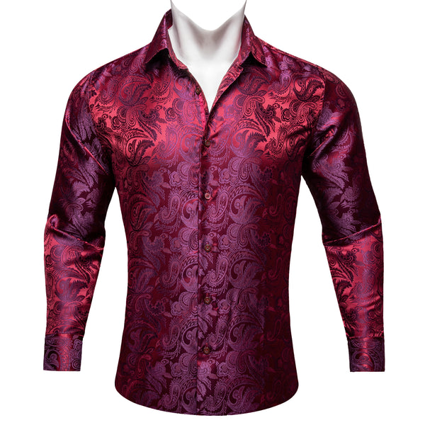 Burgundy Red Purple Paisley Flower Pattern Silk Men's Long Sleeve Shirt