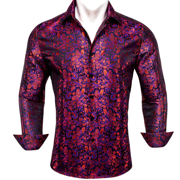 Red Purple Paisley Flower Pattern Silk Men's Long Sleeve Shirt
