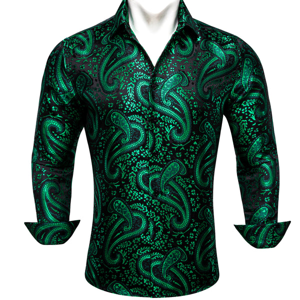 Green Paisley Flower Pattern Silk Men's Long Sleeve Shirt
