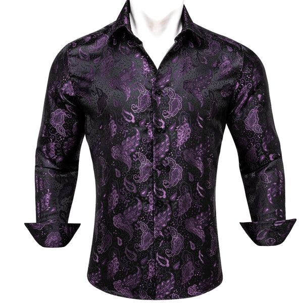 Black Purple Paisley Flower Pattern Silk Men's Long Sleeve Shirt