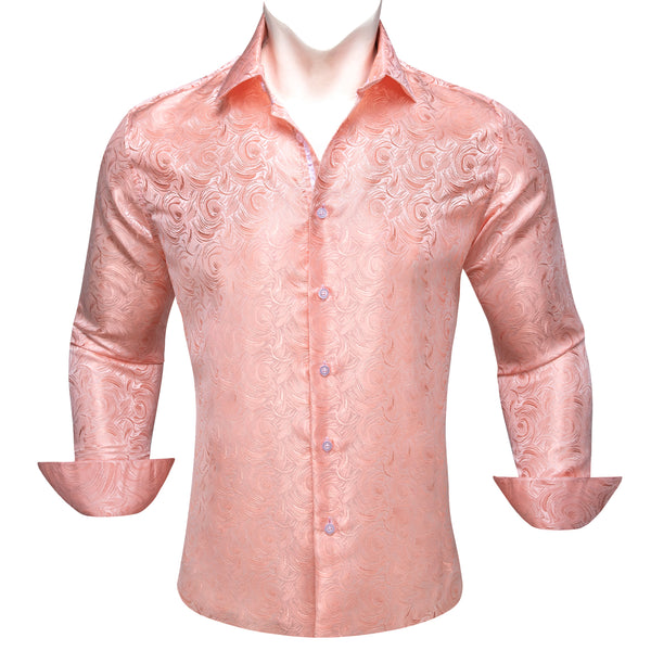LightPink Rose Flower Pattern Floral Silk Men's Long Sleeve Shirt