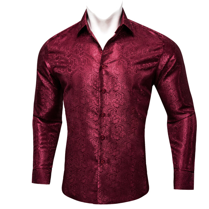 DarkRed Paisley Pattern Silk Men's Long Sleeve Shirt