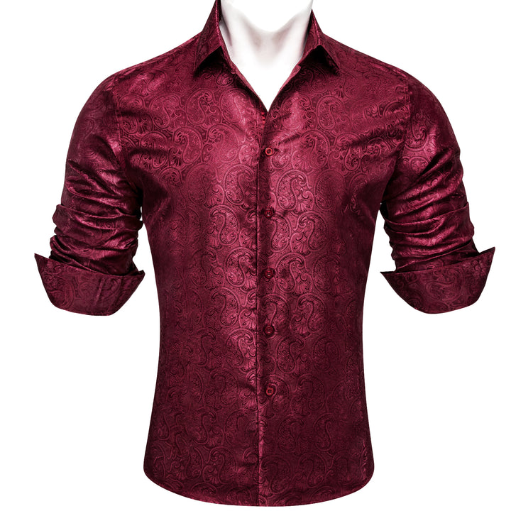 DarkRed Paisley Pattern Silk Men's Long Sleeve Shirt